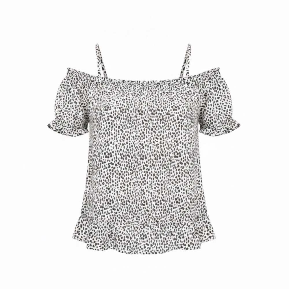 Old Navy Girls Off-The-Shoulder Ruffle Top Black White Animal Print  L (10-12)